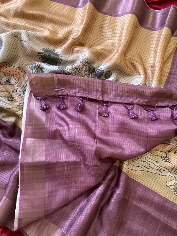 Soft_Tussar_Silk_sarees_with_Beautiful_Digital_Print_With_Attractive_Checks_Design_Saree_And_Digital_Print_Blouse_With_Tassels