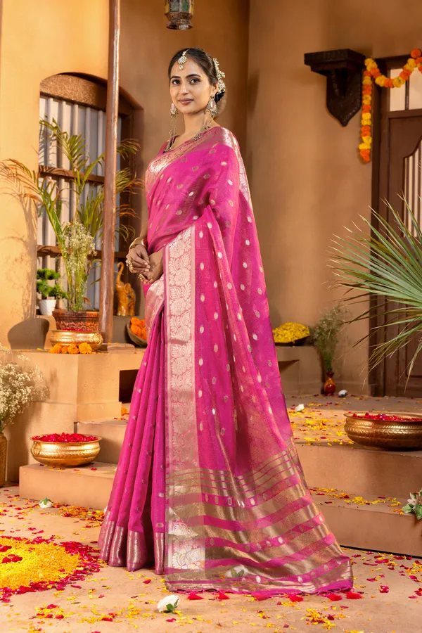 Premium_Soft_Khadi_Shimmer_sarees_with_Beautiful_Butti_Design_Weaving__Pallu_With_Attractive_Traditional_Zari_Weaving__Border_With_All_Over_Butti_Weaving__Design_And_Butti_Design_Weaving__Blouse_With_Fancy_Tassels