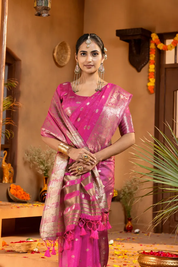 Premium_Soft_Khadi_Shimmer_sarees_with_Beautiful_Butti_Design_Weaving__Pallu_With_Attractive_Traditional_Zari_Weaving__Border_With_All_Over_Butti_Weaving__Design_And_Butti_Design_Weaving__Blouse_With_Fancy_Tassels