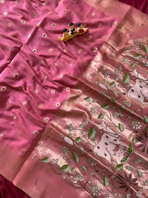 Premium_Soft_Muga_Cotton_Paithani_sarees_with_Beautiful_Colourfull_3D_Woven_Cow_Design_Pallu_With_Attractive_All_Over_Resham_Weaving_Butti_Design_With_Zari_Weaving_Border_And_Resham_Weaving_Butti_Blouse_With_Fancy_Tassels