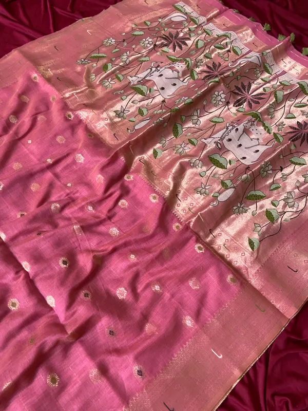 Premium_Soft_Muga_Cotton_Paithani_sarees_with_Beautiful_Colourfull_3D_Woven_Cow_Design_Pallu_With_Attractive_All_Over_Resham_Weaving_Butti_Design_With_Zari_Weaving_Border_And_Resham_Weaving_Butti_Blouse_With_Fancy_Tassels