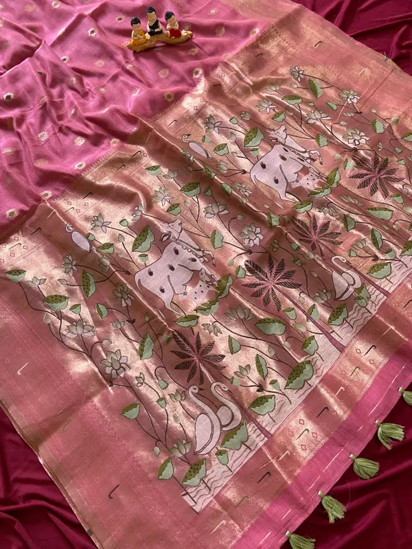 Premium_Soft_Muga_Cotton_Paithani_sarees_with_Beautiful_Colourfull_3D_Woven_Cow_Design_Pallu_With_Attractive_All_Over_Resham_Weaving_Butti_Design_With_Zari_Weaving_Border_And_Resham_Weaving_Butti_Blouse_With_Fancy_Tassels