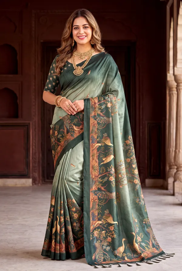 Soft_Tussar_Silk_sarees_with_Beautiful_Digital_Print_With_Attractive_Jungle_Theme_Design_And_Digital_Print_Blouse_With_Tassels
