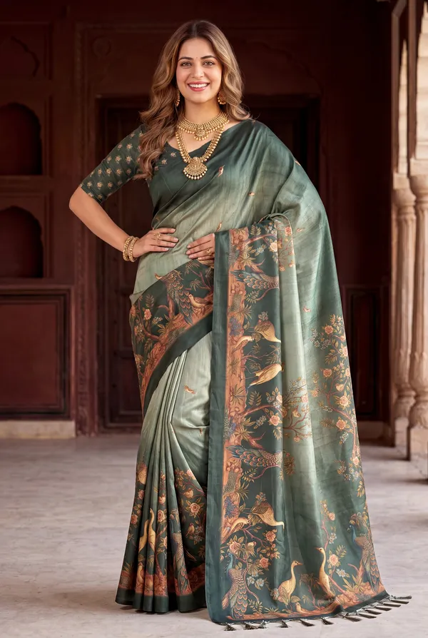 Soft_Tussar_Silk_sarees_with_Beautiful_Digital_Print_With_Attractive_Jungle_Theme_Design_And_Digital_Print_Blouse_With_Tassels