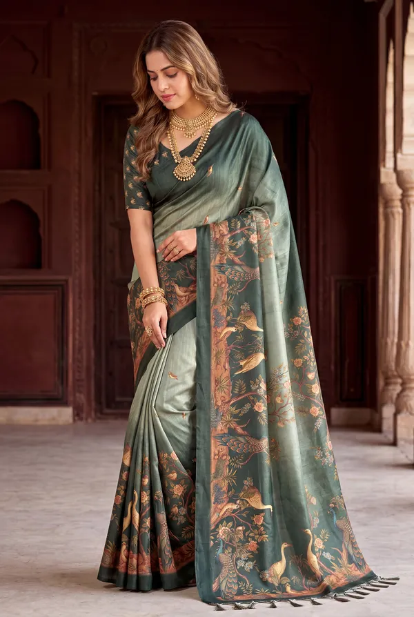 Soft_Tussar_Silk_sarees_with_Beautiful_Digital_Print_With_Attractive_Jungle_Theme_Design_And_Digital_Print_Blouse_With_Tassels