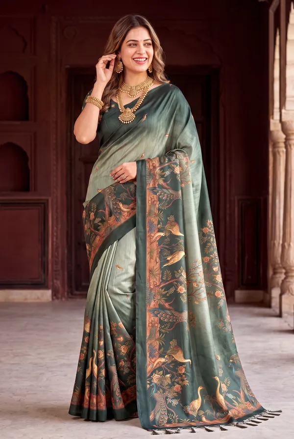 Soft_Tussar_Silk_sarees_with_Beautiful_Digital_Print_With_Attractive_Jungle_Theme_Design_And_Digital_Print_Blouse_With_Tassels