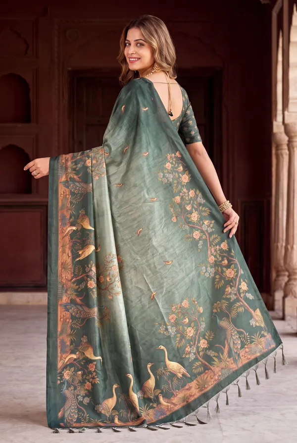 Soft_Tussar_Silk_sarees_with_Beautiful_Digital_Print_With_Attractive_Jungle_Theme_Design_And_Digital_Print_Blouse_With_Tassels