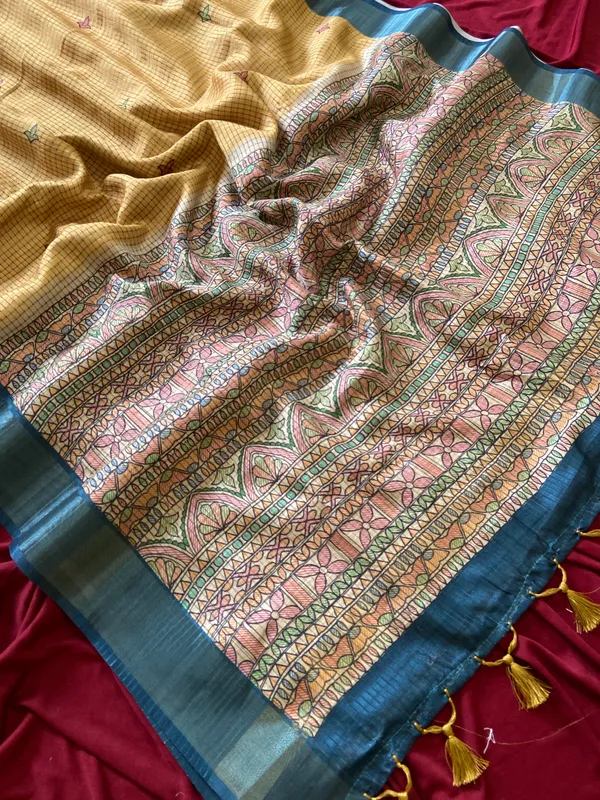 Soft_Tussar_Silk_sarees_with_Beautiful_Digital_Print_With_Attractive_Checks_Design_Saree_And_Digital_Print_Blouse_With_Tassels