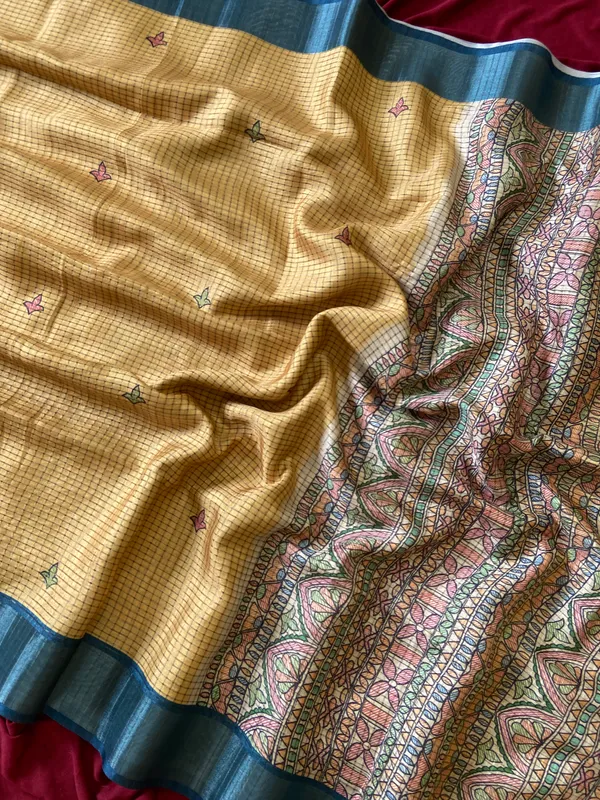 Soft_Tussar_Silk_sarees_with_Beautiful_Digital_Print_With_Attractive_Checks_Design_Saree_And_Digital_Print_Blouse_With_Tassels