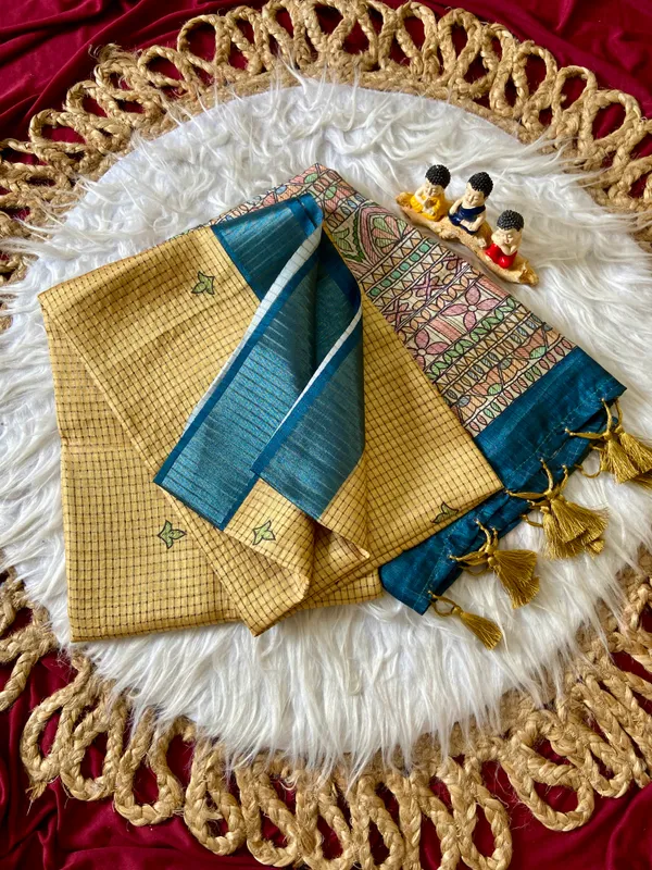 Soft_Tussar_Silk_sarees_with_Beautiful_Digital_Print_With_Attractive_Checks_Design_Saree_And_Digital_Print_Blouse_With_Tassels