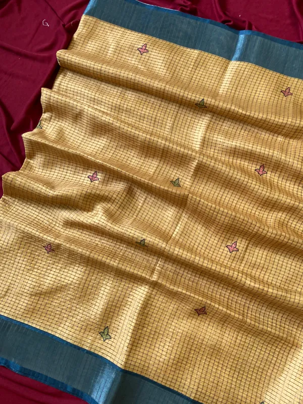 Soft_Tussar_Silk_sarees_with_Beautiful_Digital_Print_With_Attractive_Checks_Design_Saree_And_Digital_Print_Blouse_With_Tassels
