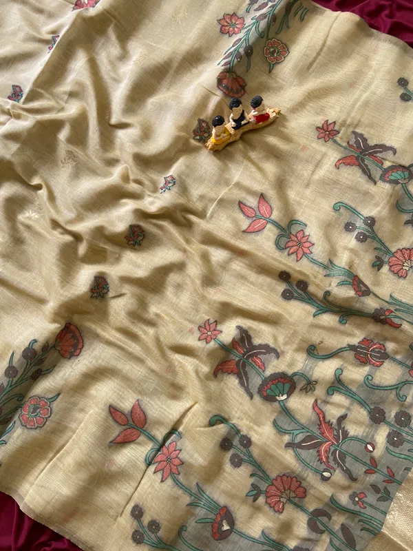 Premium_Soft_Muga_Cotton_sarees_with_Beautiful_Colourfull_Resham_Weaving__Flower_Design_Pallu_With_Attractive_Traditional_Zari_Weaving__With_All_Over__Resham_Weaving__And_Resham_Weaving_Butti_Blouse_With_Fancy_Tassels