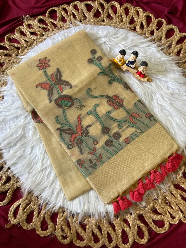 Premium_Soft_Muga_Cotton_sarees_with_Beautiful_Colourfull_Resham_Weaving__Flower_Design_Pallu_With_Attractive_Traditional_Zari_Weaving__With_All_Over__Resham_Weaving__And_Resham_Weaving_Butti_Blouse_With_Fancy_Tassels