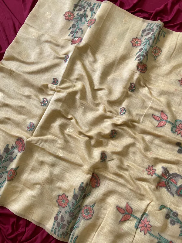 Premium_Soft_Muga_Cotton_sarees_with_Beautiful_Colourfull_Resham_Weaving__Flower_Design_Pallu_With_Attractive_Traditional_Zari_Weaving__With_All_Over__Resham_Weaving__And_Resham_Weaving_Butti_Blouse_With_Fancy_Tassels