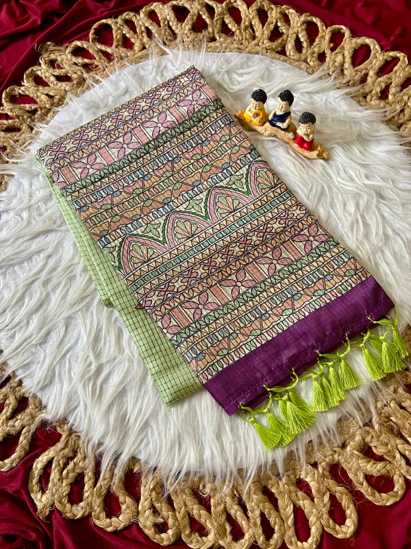 Soft_Tussar_Silk_sarees_with_Beautiful_Digital_Print_With_Attractive_Checks_Design_Saree_And_Digital_Print_Blouse_With_Tassels