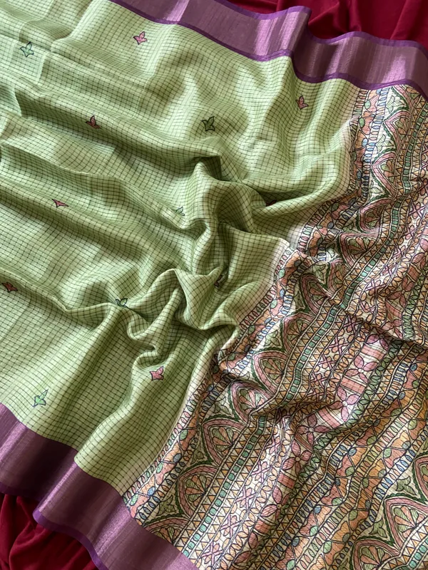 Soft_Tussar_Silk_sarees_with_Beautiful_Digital_Print_With_Attractive_Checks_Design_Saree_And_Digital_Print_Blouse_With_Tassels