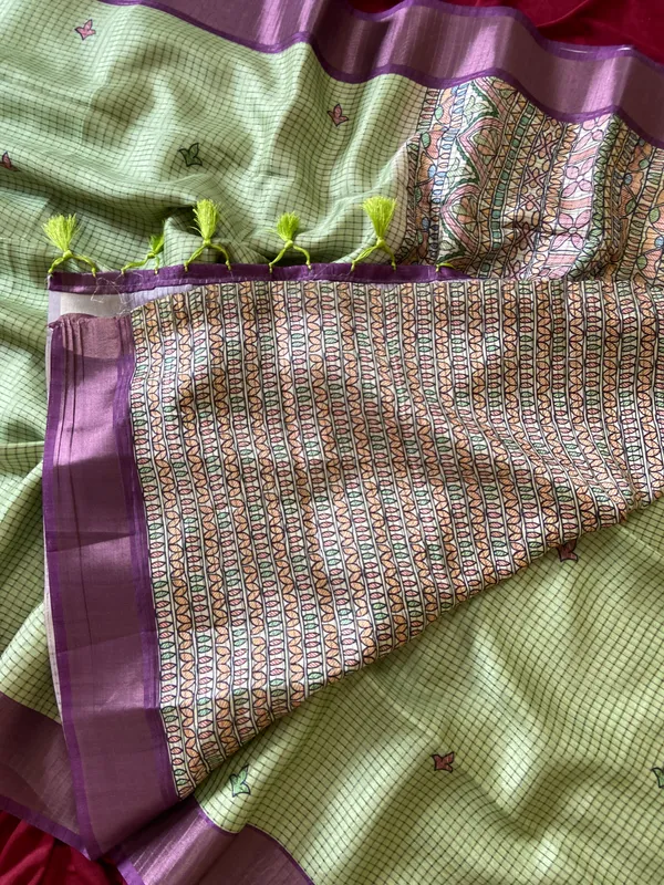 Soft_Tussar_Silk_sarees_with_Beautiful_Digital_Print_With_Attractive_Checks_Design_Saree_And_Digital_Print_Blouse_With_Tassels