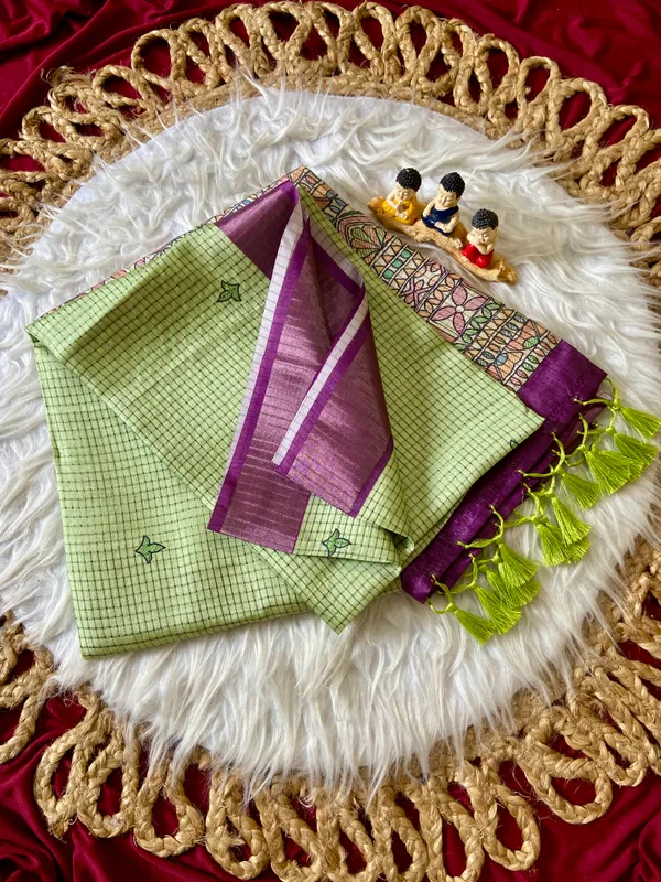 Soft_Tussar_Silk_sarees_with_Beautiful_Digital_Print_With_Attractive_Checks_Design_Saree_And_Digital_Print_Blouse_With_Tassels