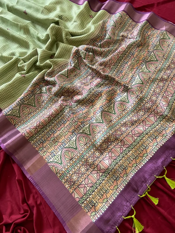 Soft_Tussar_Silk_sarees_with_Beautiful_Digital_Print_With_Attractive_Checks_Design_Saree_And_Digital_Print_Blouse_With_Tassels