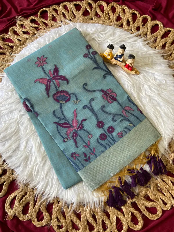 Premium_Soft_Muga_Cotton_sarees_with_Beautiful_Colourfull_Resham_Weaving__Flower_Design_Pallu_With_Attractive_Traditional_Zari_Weaving__With_All_Over__Resham_Weaving__And_Resham_Weaving_Butti_Blouse_With_Fancy_Tassels