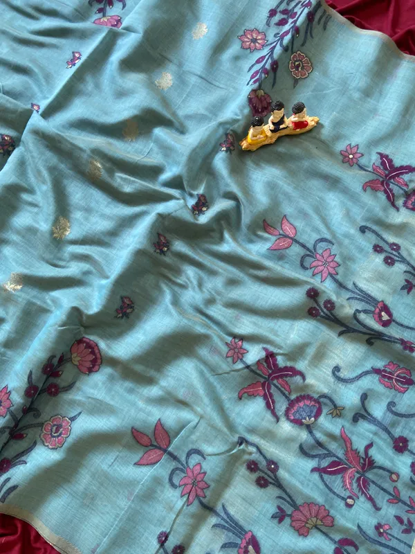 Premium_Soft_Muga_Cotton_sarees_with_Beautiful_Colourfull_Resham_Weaving__Flower_Design_Pallu_With_Attractive_Traditional_Zari_Weaving__With_All_Over__Resham_Weaving__And_Resham_Weaving_Butti_Blouse_With_Fancy_Tassels
