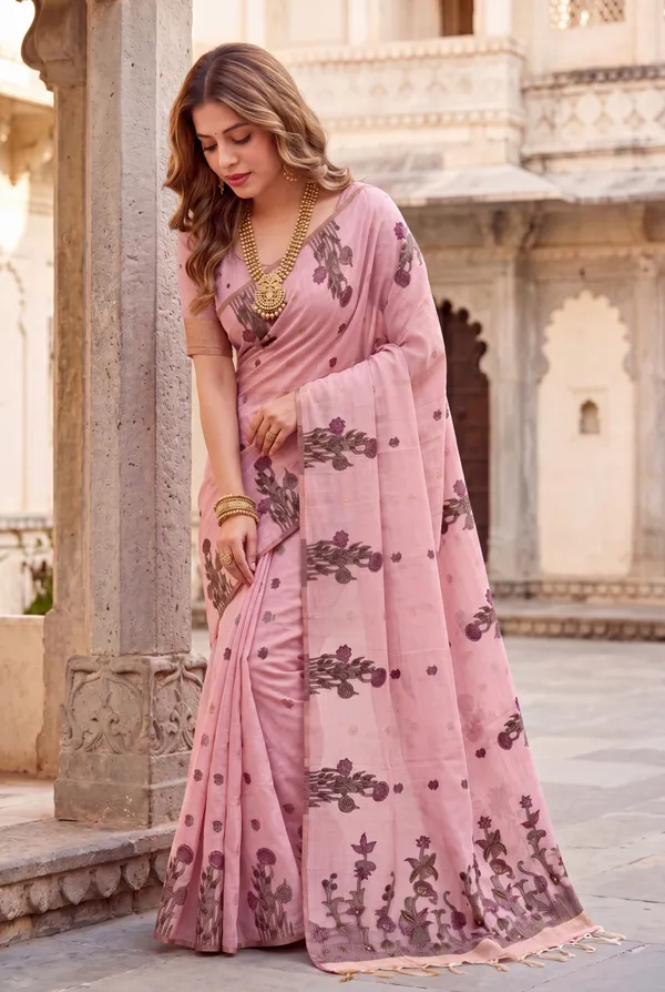 Premium_Soft_Muga_Cotton_sarees_with_Beautiful_Colourfull_Resham_Weaving__Flower_Design_Pallu_With_Attractive_Traditional_Zari_Weaving__With_All_Over__Resham_Weaving__And_Resham_Weaving_Butti_Blouse_With_Fancy_Tassels