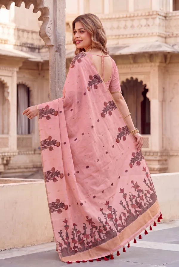 Premium_Soft_Muga_Cotton_sarees_with_Beautiful_Colourfull_Resham_Weaving__Flower_Design_Pallu_With_Attractive_Traditional_Zari_Weaving__With_All_Over__Resham_Weaving__And_Resham_Weaving_Butti_Blouse_With_Fancy_Tassels