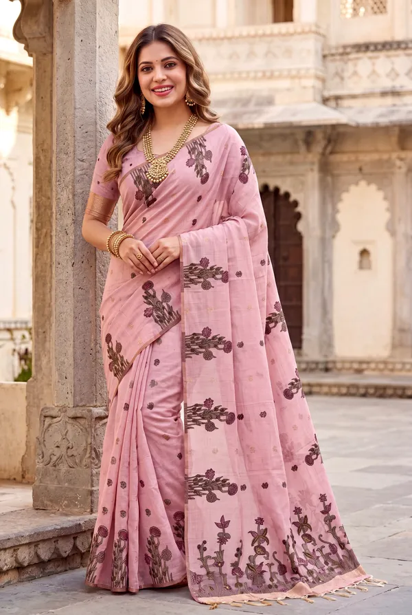 Premium_Soft_Muga_Cotton_sarees_with_Beautiful_Colourfull_Resham_Weaving__Flower_Design_Pallu_With_Attractive_Traditional_Zari_Weaving__With_All_Over__Resham_Weaving__And_Resham_Weaving_Butti_Blouse_With_Fancy_Tassels