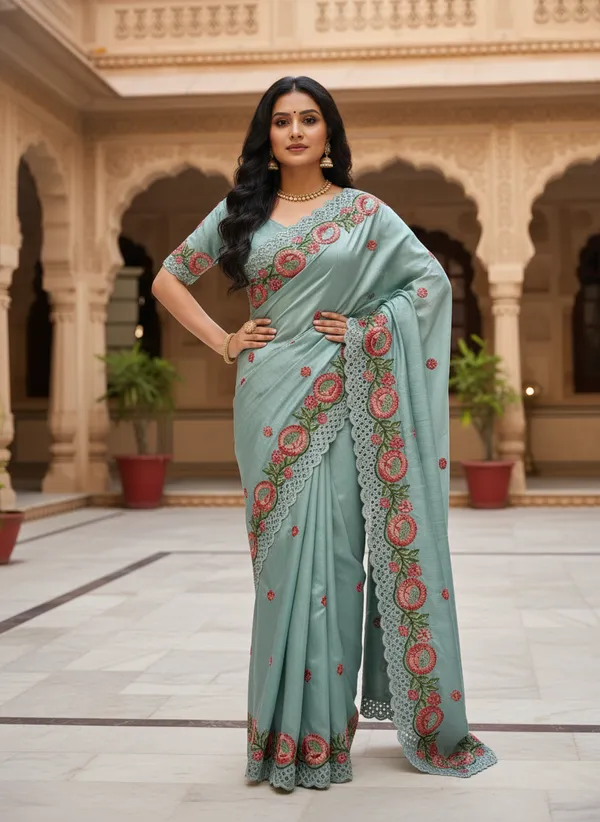 Heavy_Tussar_Silk_sarees_with_Beautiful_Embroidery_&_Sequence_Work_With_Attractive_Cutwork_Border_And_Heavy_Embroidery_&_Sequence_Work_Running_Blouse