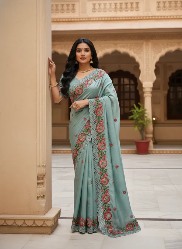 Heavy_Tussar_Silk_sarees_with_Beautiful_Embroidery_&_Sequence_Work_With_Attractive_Cutwork_Border_And_Heavy_Embroidery_&_Sequence_Work_Running_Blouse