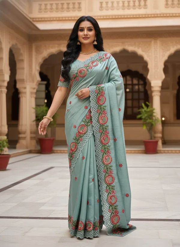 Heavy_Tussar_Silk_sarees_with_Beautiful_Embroidery_&_Sequence_Work_With_Attractive_Cutwork_Border_And_Heavy_Embroidery_&_Sequence_Work_Running_Blouse