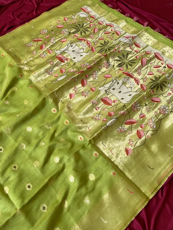 Premium_Soft_Muga_Cotton_Paithani_sarees_with_Beautiful_Colourfull_3D_Woven_Cow_Design_Pallu_With_Attractive_All_Over_Resham_Weaving_Butti_Design_With_Zari_Weaving_Border_And_Resham_Weaving_Butti_Blouse_With_Fancy_Tassels
