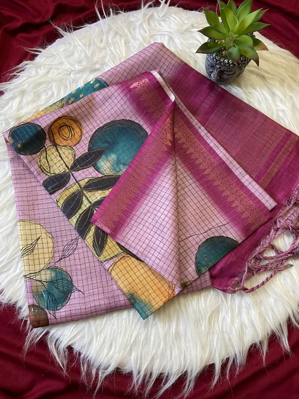 Soft_Tussar_Silk_sarees_with_Beautiful_Digital_Print_With_Attractive_Checks_Design_Saree_And_Digital_Print_Blouse_With_Tassels