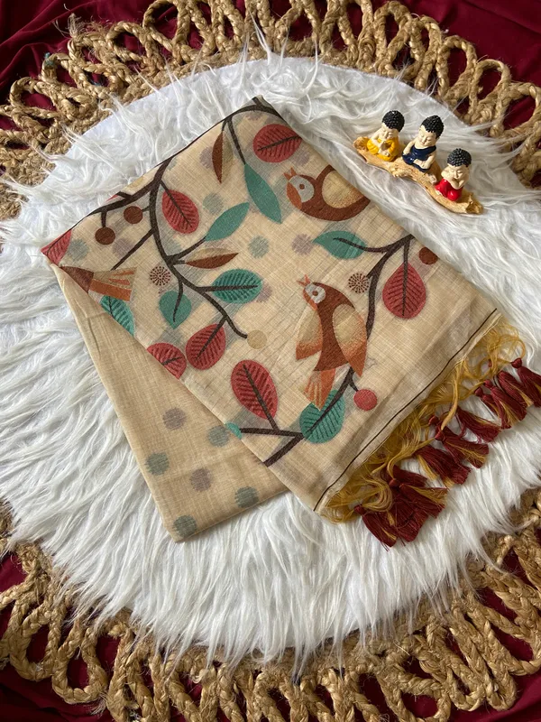 Premium_Soft_Muga_Cotton_sarees_with_Beautiful_Colourfull_Resham_Weaving_Pallu_With_Attractive_Traditional_Zari_Weaving_Border_With_All_Over_Resham_Weaving_Birds_Design_And_Resham_Weaving_Butti_Blouse_With_Fancy_Tassels