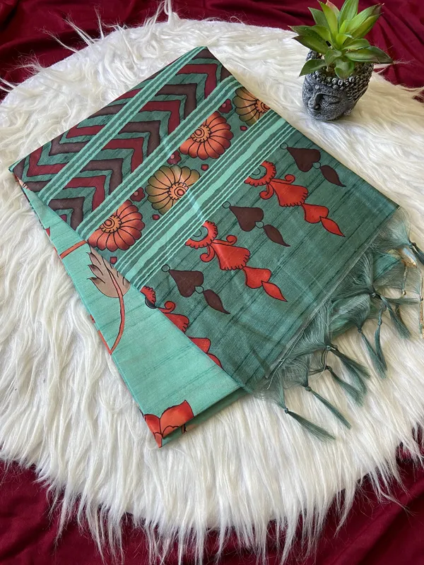 Soft_Tussar_Silk_sarees_with_Beautiful_Digital_Print_With_Attractive_Border_And_Contrast_Print_Blouse_With_Tassels