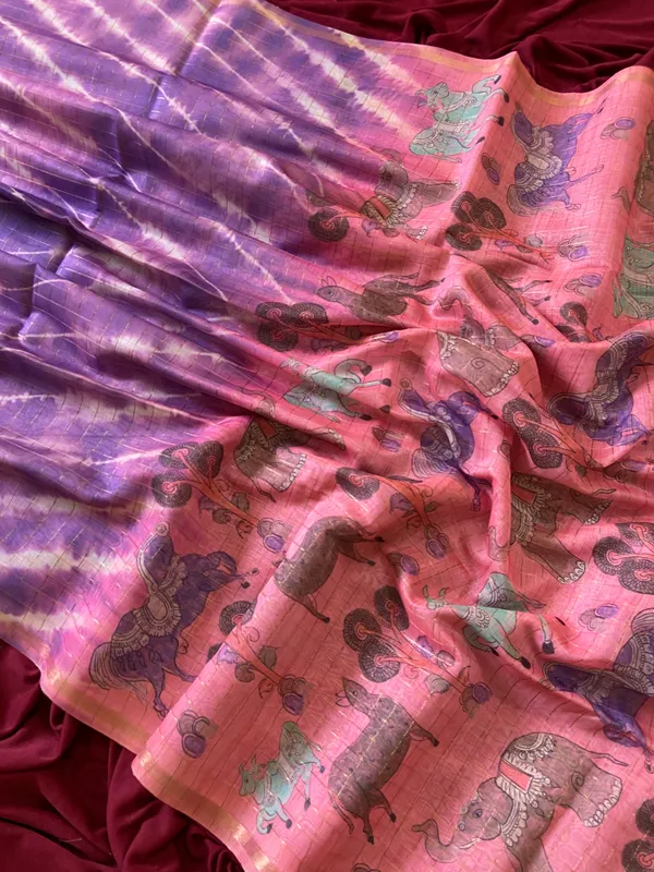 Soft_Tussar_Silk_sarees_with_Beautiful_Srikalahasti_Style_Of_Kalamkari_Digital_Print_With_Attractive_Border_And_Contrast_Print_Blouse_With_Tassels