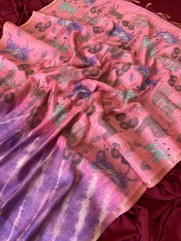 Soft_Tussar_Silk_sarees_with_Beautiful_Srikalahasti_Style_Of_Kalamkari_Digital_Print_With_Attractive_Border_And_Contrast_Print_Blouse_With_Tassels