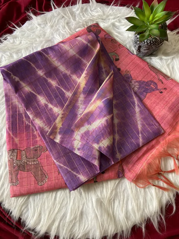 Soft_Tussar_Silk_sarees_with_Beautiful_Srikalahasti_Style_Of_Kalamkari_Digital_Print_With_Attractive_Border_And_Contrast_Print_Blouse_With_Tassels