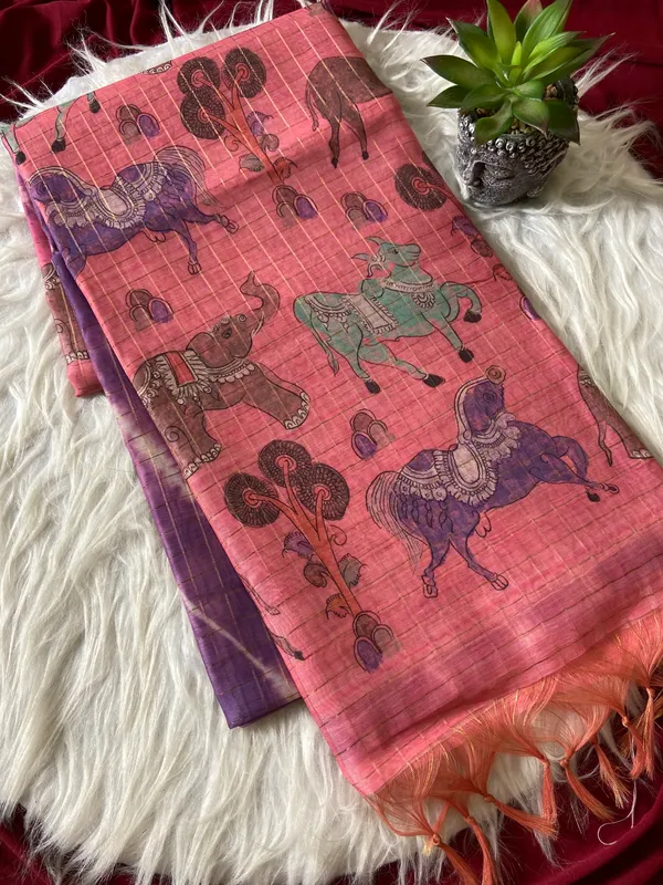 Soft_Tussar_Silk_sarees_with_Beautiful_Srikalahasti_Style_Of_Kalamkari_Digital_Print_With_Attractive_Border_And_Contrast_Print_Blouse_With_Tassels