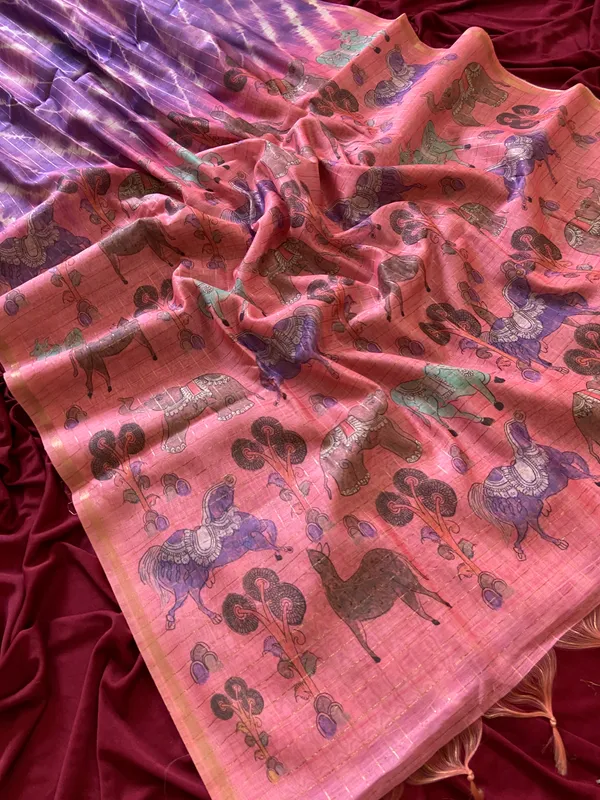 Soft_Tussar_Silk_sarees_with_Beautiful_Srikalahasti_Style_Of_Kalamkari_Digital_Print_With_Attractive_Border_And_Contrast_Print_Blouse_With_Tassels