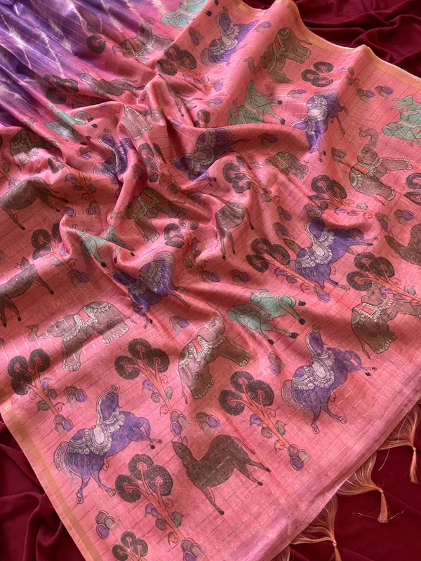 Soft_Tussar_Silk_sarees_with_Beautiful_Srikalahasti_Style_Of_Kalamkari_Digital_Print_With_Attractive_Border_And_Contrast_Print_Blouse_With_Tassels