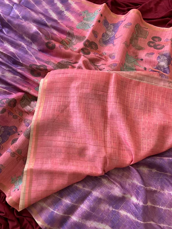 Soft_Tussar_Silk_sarees_with_Beautiful_Srikalahasti_Style_Of_Kalamkari_Digital_Print_With_Attractive_Border_And_Contrast_Print_Blouse_With_Tassels