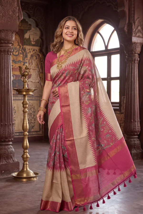 Soft_Tussar_Silk_sarees_with_Beautiful_Digital_Print_With_Attractive_Checks_Design_Saree_And_Digital_Print_Blouse_With_Tassels