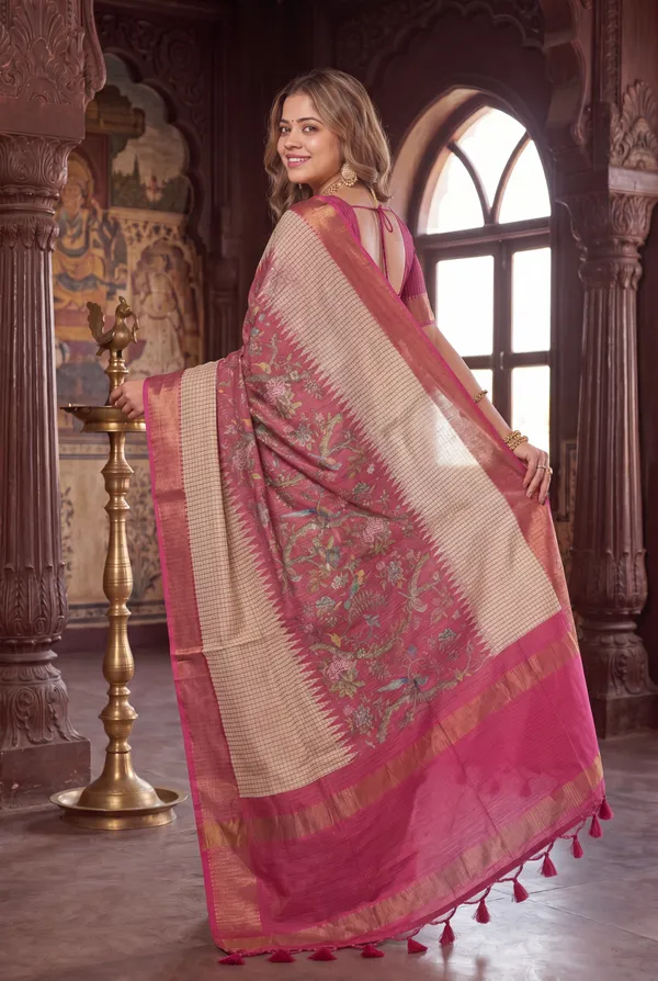 Soft_Tussar_Silk_sarees_with_Beautiful_Digital_Print_With_Attractive_Checks_Design_Saree_And_Digital_Print_Blouse_With_Tassels