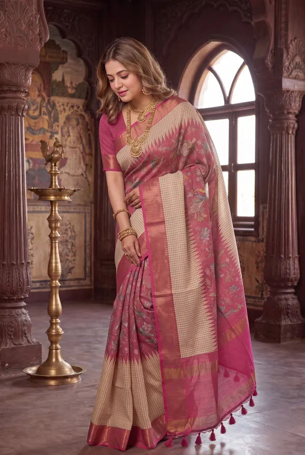 Soft_Tussar_Silk_sarees_with_Beautiful_Digital_Print_With_Attractive_Checks_Design_Saree_And_Digital_Print_Blouse_With_Tassels