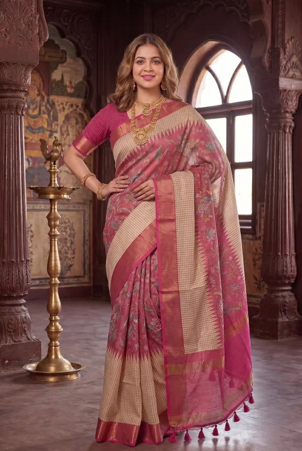 Soft_Tussar_Silk_sarees_with_Beautiful_Digital_Print_With_Attractive_Checks_Design_Saree_And_Digital_Print_Blouse_With_Tassels