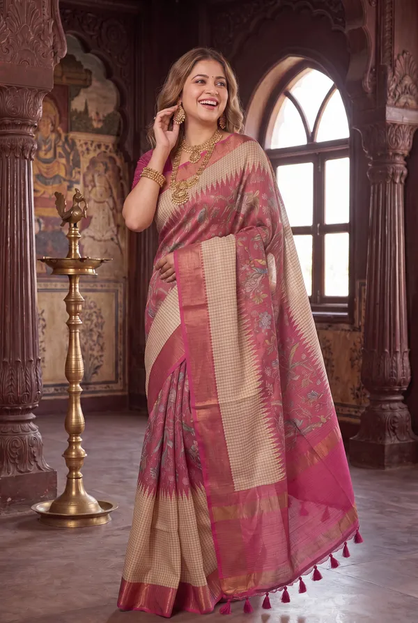 Soft_Tussar_Silk_sarees_with_Beautiful_Digital_Print_With_Attractive_Checks_Design_Saree_And_Digital_Print_Blouse_With_Tassels