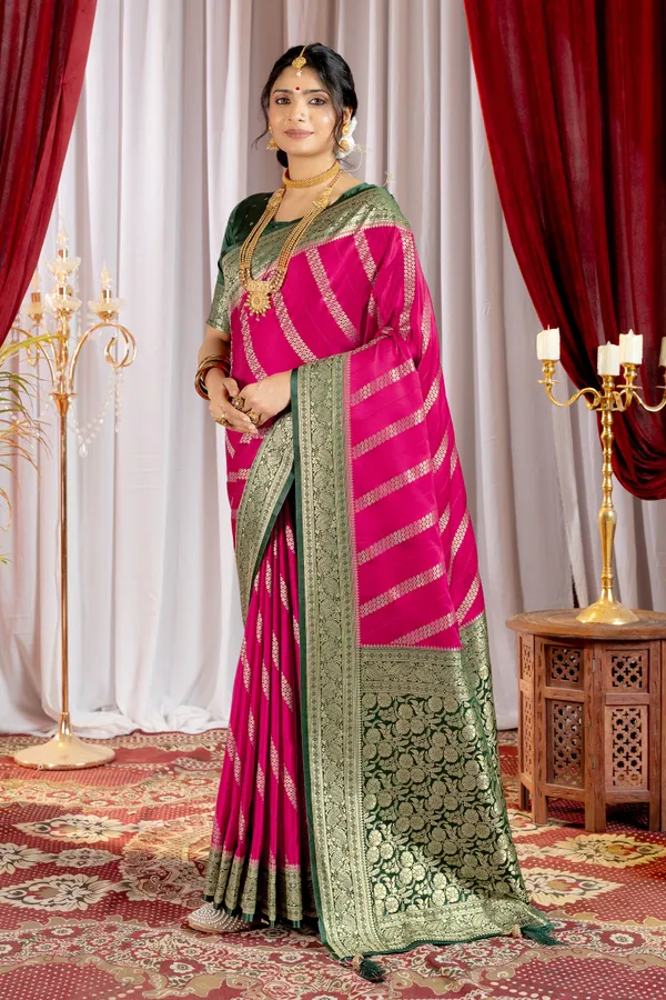 Banarasi_Pure_Satin_Silk_sarees_with_Beautiful_Elephant_in_Contrast_Green-Rani_Shades_With_Attractive_Weaving_Gold_Zari_Design_And_Contrast_Blouse_With_Tassels