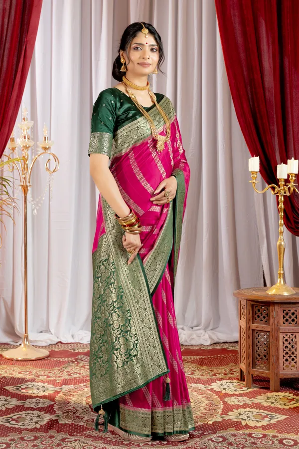 Banarasi_Pure_Satin_Silk_sarees_with_Beautiful_Elephant_in_Contrast_Green-Rani_Shades_With_Attractive_Weaving_Gold_Zari_Design_And_Contrast_Blouse_With_Tassels