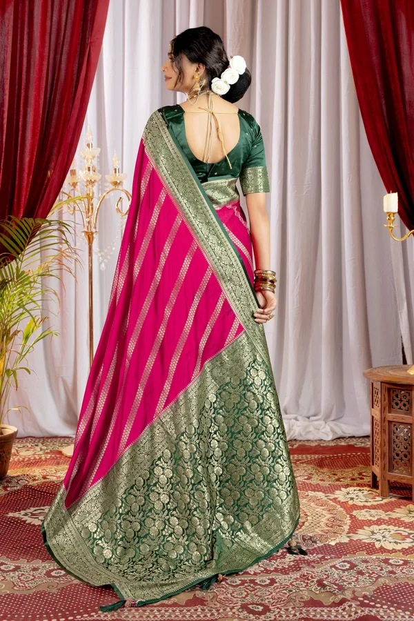 Banarasi_Pure_Satin_Silk_sarees_with_Beautiful_Elephant_in_Contrast_Green-Rani_Shades_With_Attractive_Weaving_Gold_Zari_Design_And_Contrast_Blouse_With_Tassels